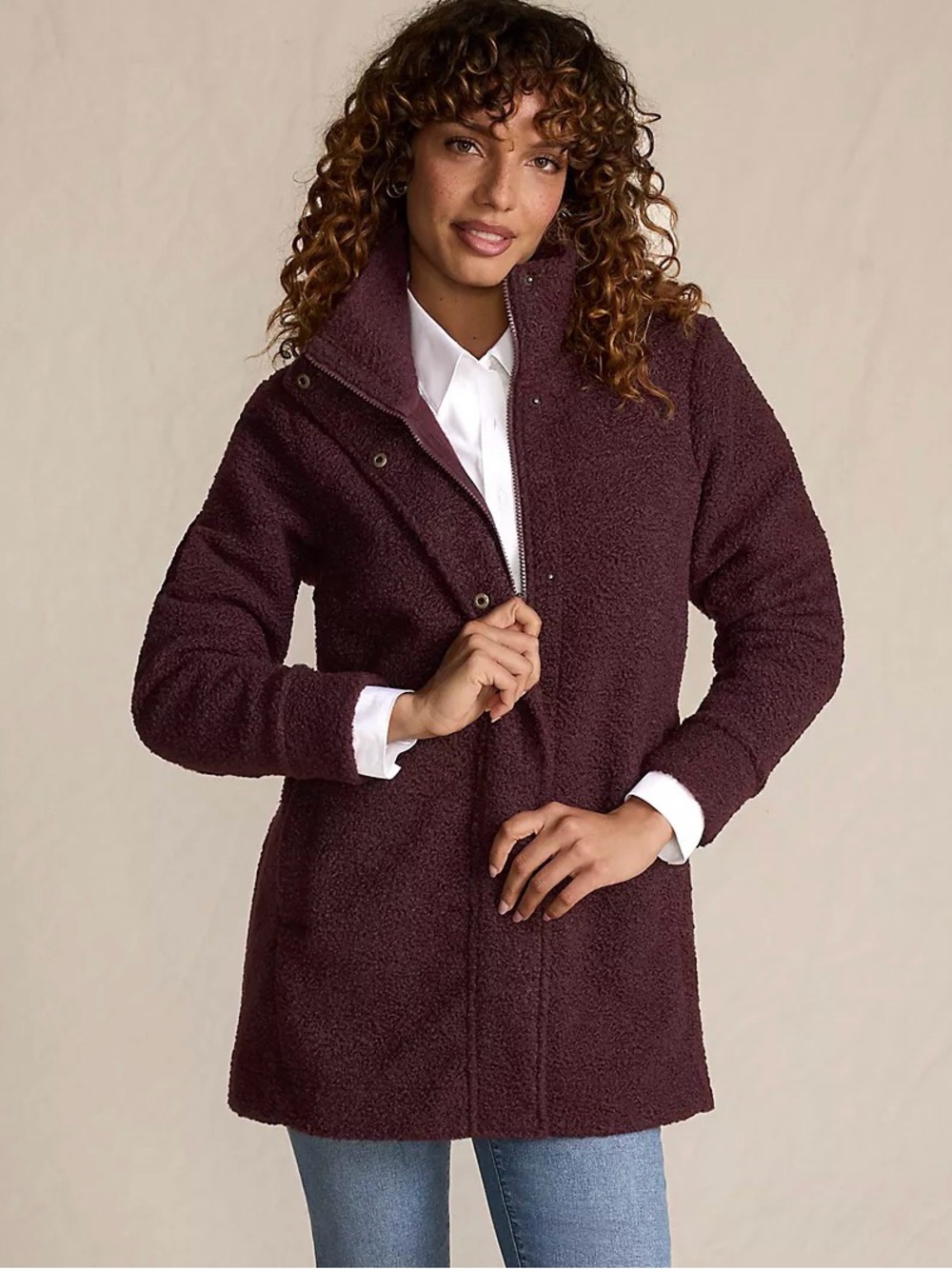 Lands' End Women's Deep Wine Teddy Jacket Boucle